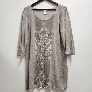 Chicos Womens 3/4 Sleeve Lightweight Beaded Tunic Blouse Size XL Beige Tan